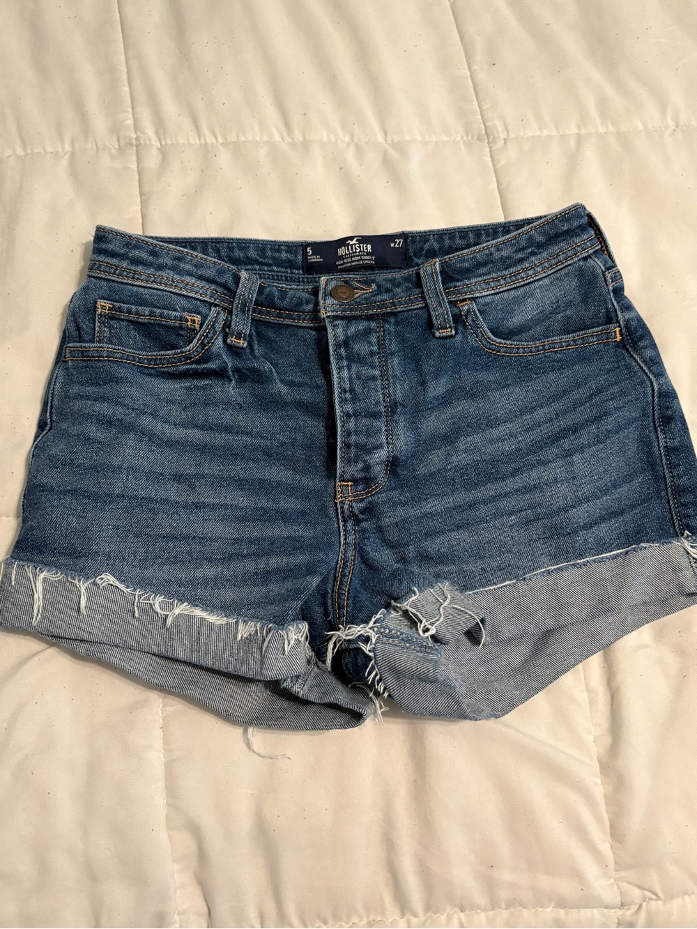 Hollister Medium Blue Denim Frayed Cuff Women's Shorts